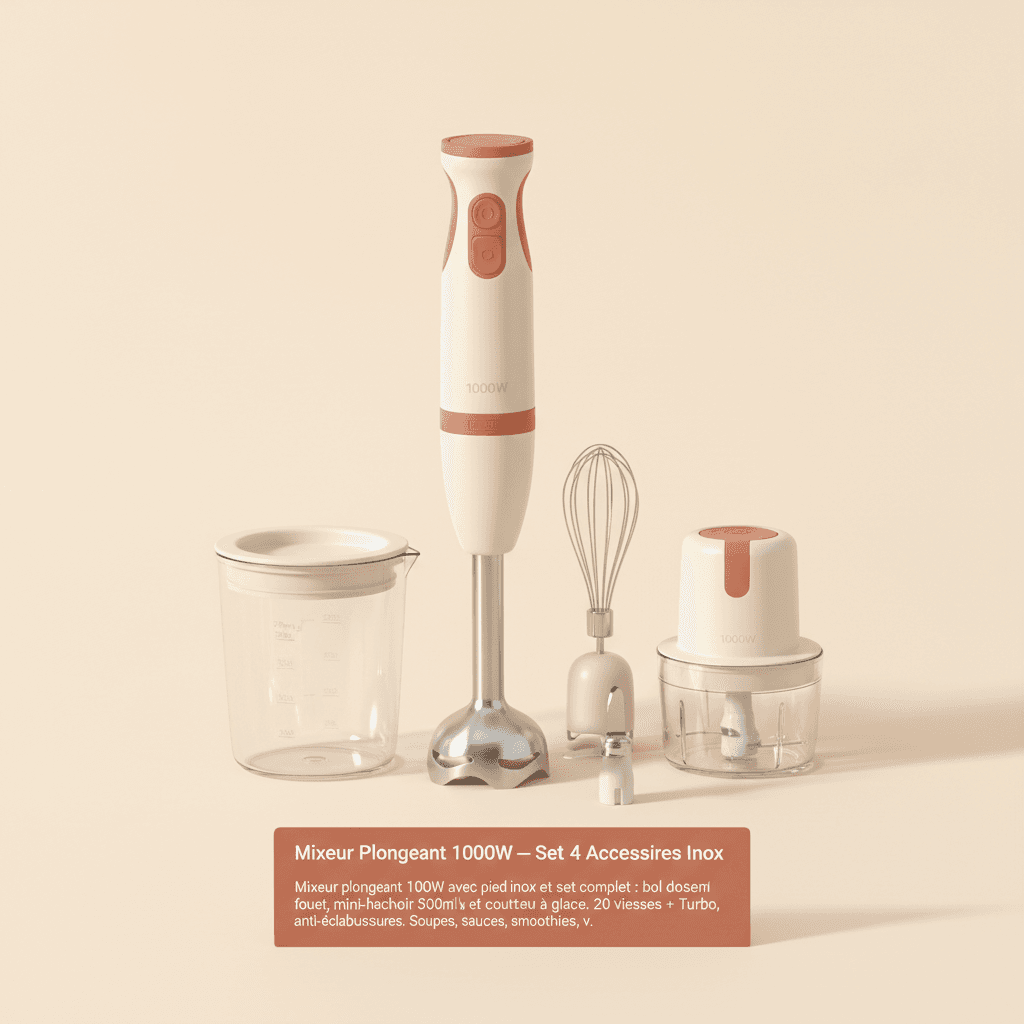 Mixeur Plongeant 1000W — Set 4 Accessoires Inox